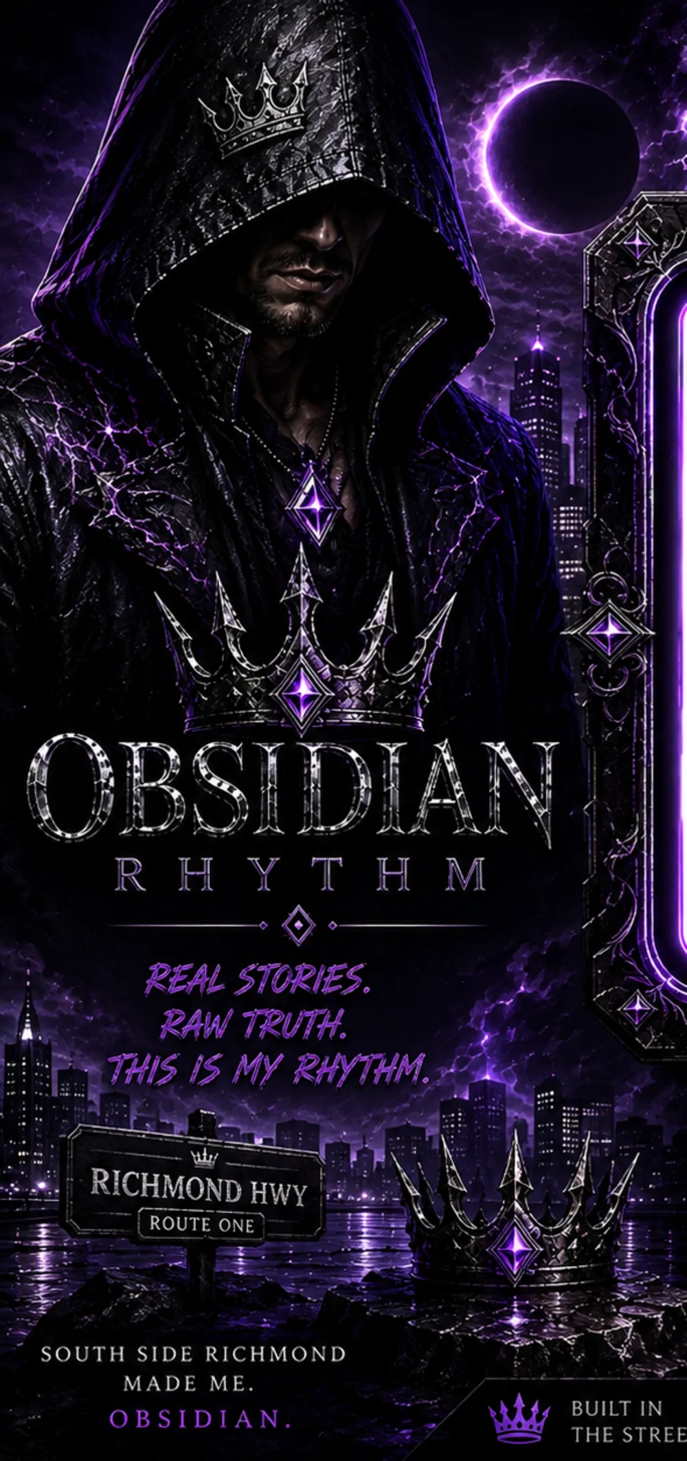 Obsidian Rhythm hooded figure in a violet-lit city